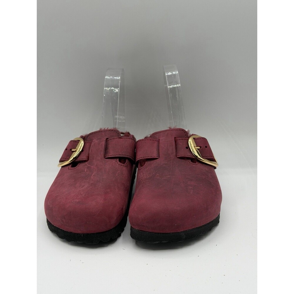 Birkenstock Boston Clogs Big Buckle Shearling Shoes Maroon Comfy 37 EU 6 US New - Picture 2 of 7